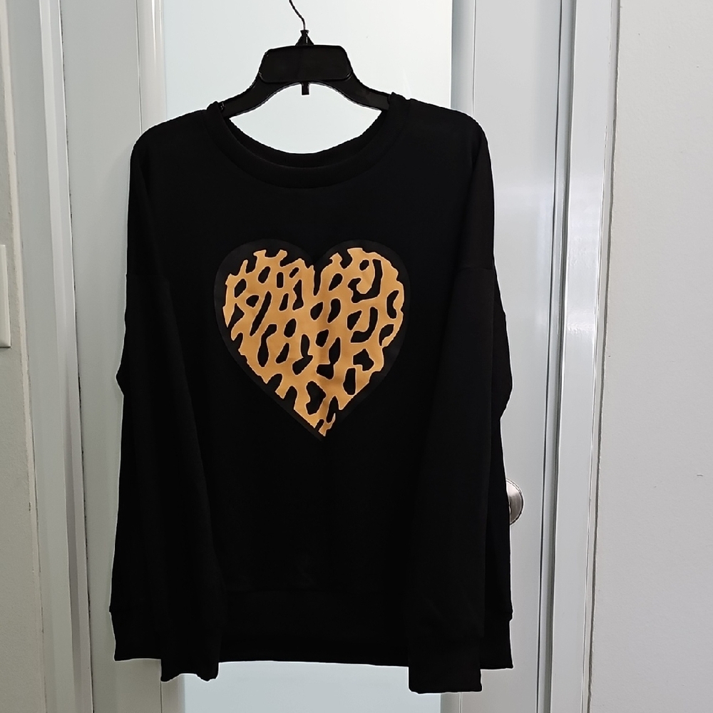 Black Sweater with Leopard Heart Design